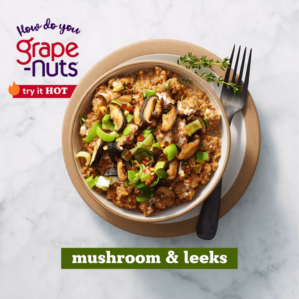 Grape-Nuts hot with mushrooms