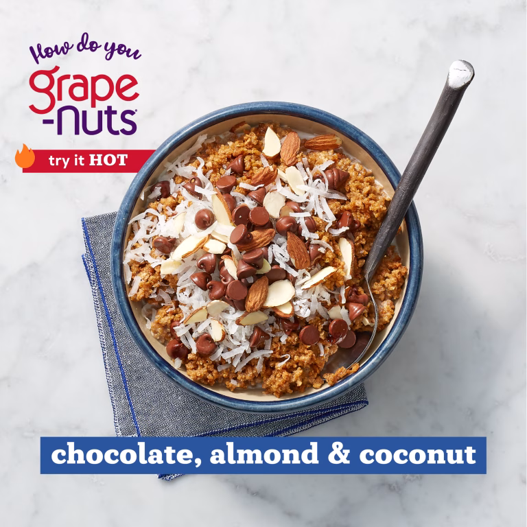 Grape-Nuts hot with chocolate, almonds and coconut