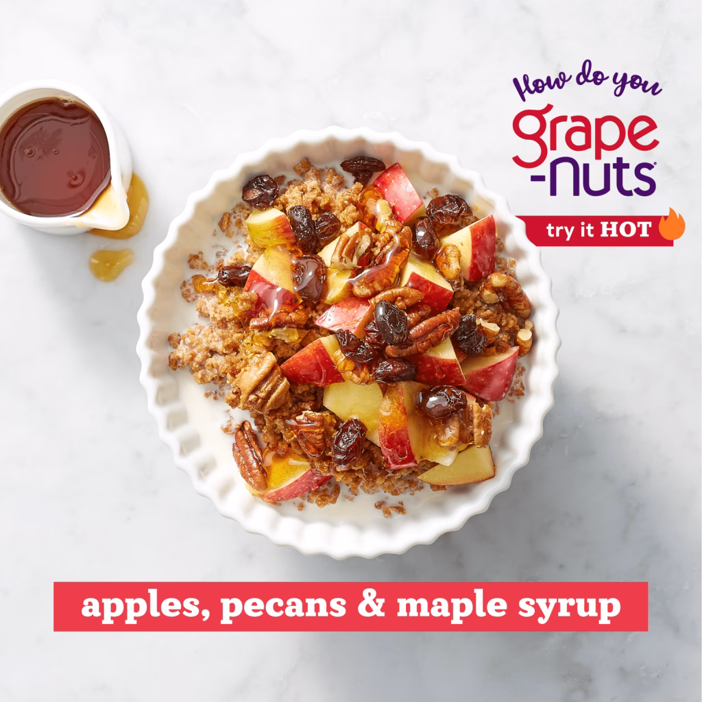 hot Grape-Nuts with apples, pecans and maple syrup