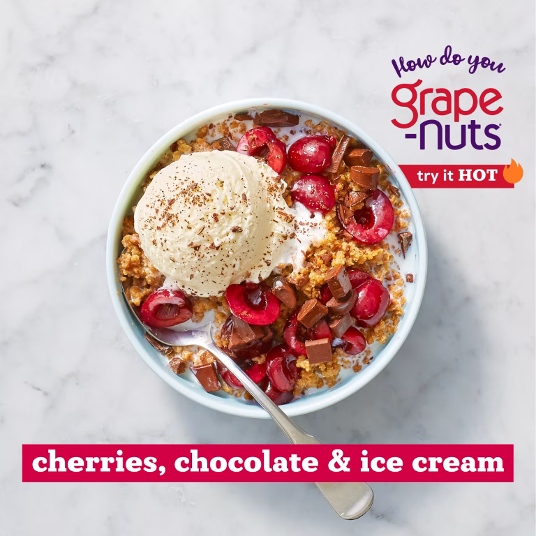 Grape-Nuts hot with cherries, chocolate and ice cream