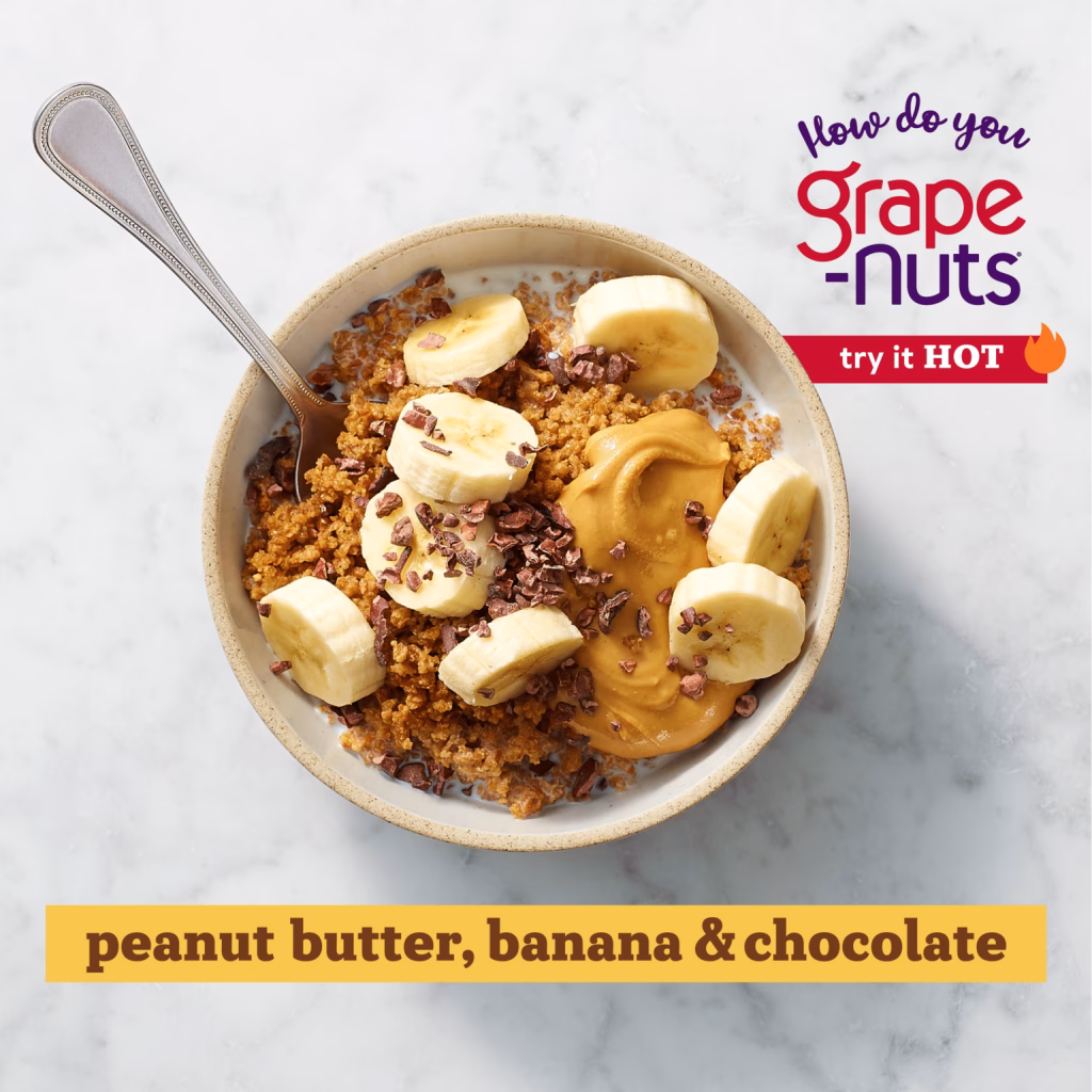 Grape-Nuts hot with bananas, chocolate and peanut butter