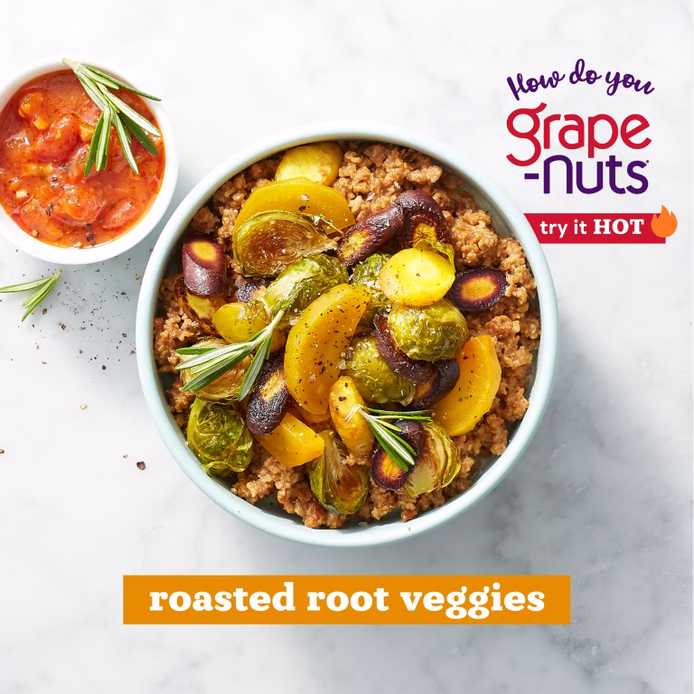 hot Grape-Nuts topped with root vegetables