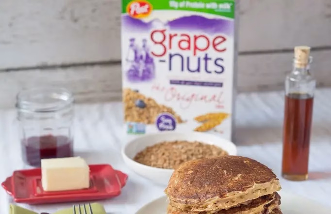 oatmeal pancakes and a box of Grape-Nuts