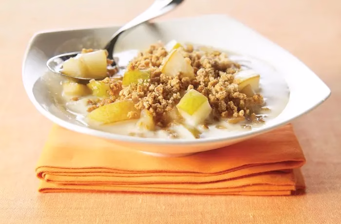 pears and Grape-Nuts cereal microwaved with sour cream